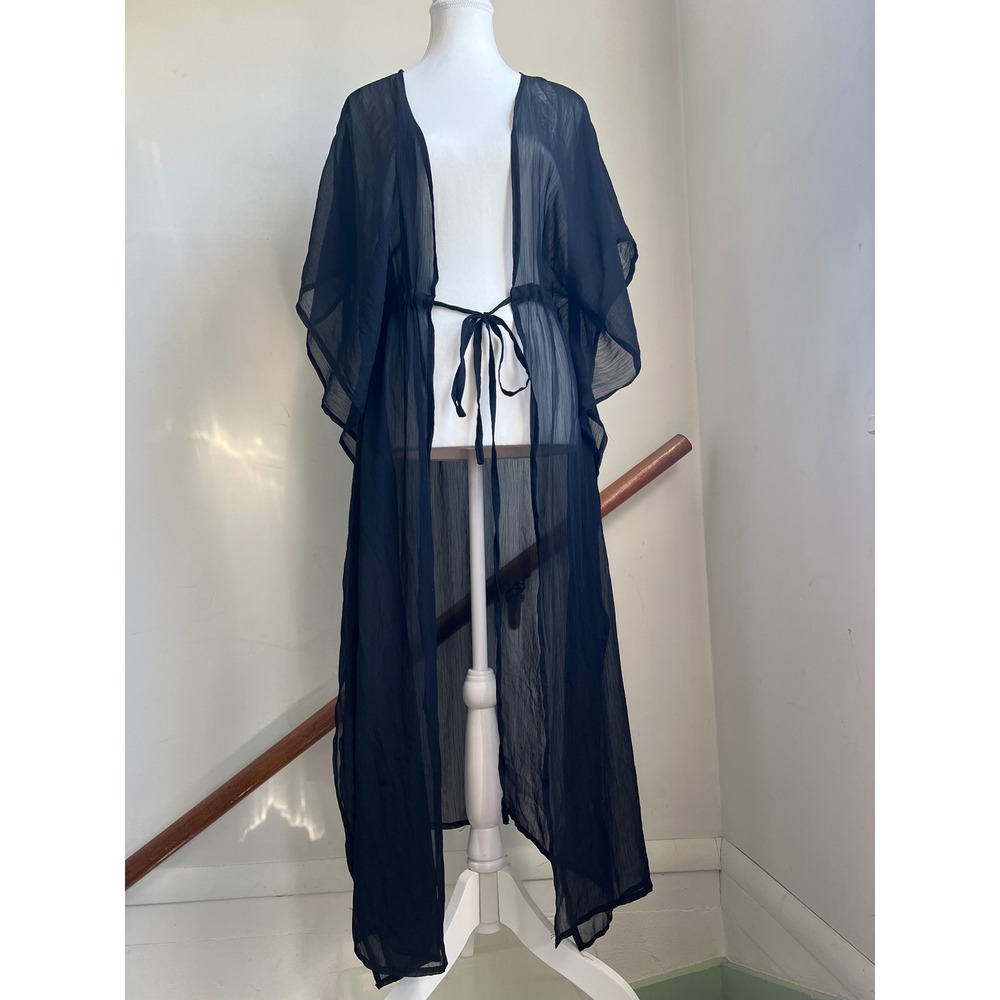 Free Press Kimono Coverup One Size Black Sheer Maxi Boho Resortwear Whimsigoth